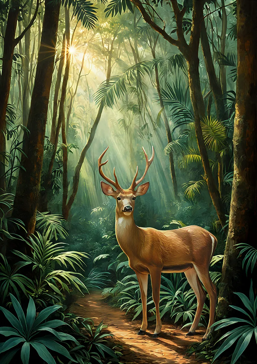 Fine art illustration of an Eld’s deer standing on a dirt trail in a sun-dappled Southeast Asian rainforest, with golden morning sunlight piercing through dense tropical foliage by TAMAJAD.