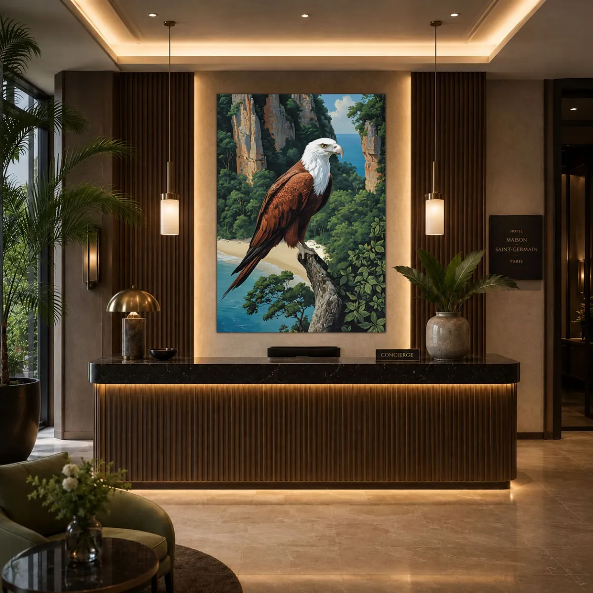 TAMAJAD wildlife print displayed above a sleek hotel reception desk in a warm, ambient interior.