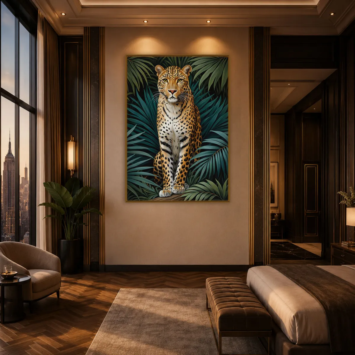 Large upscale leopard poster in tropical luxury hotel lounge