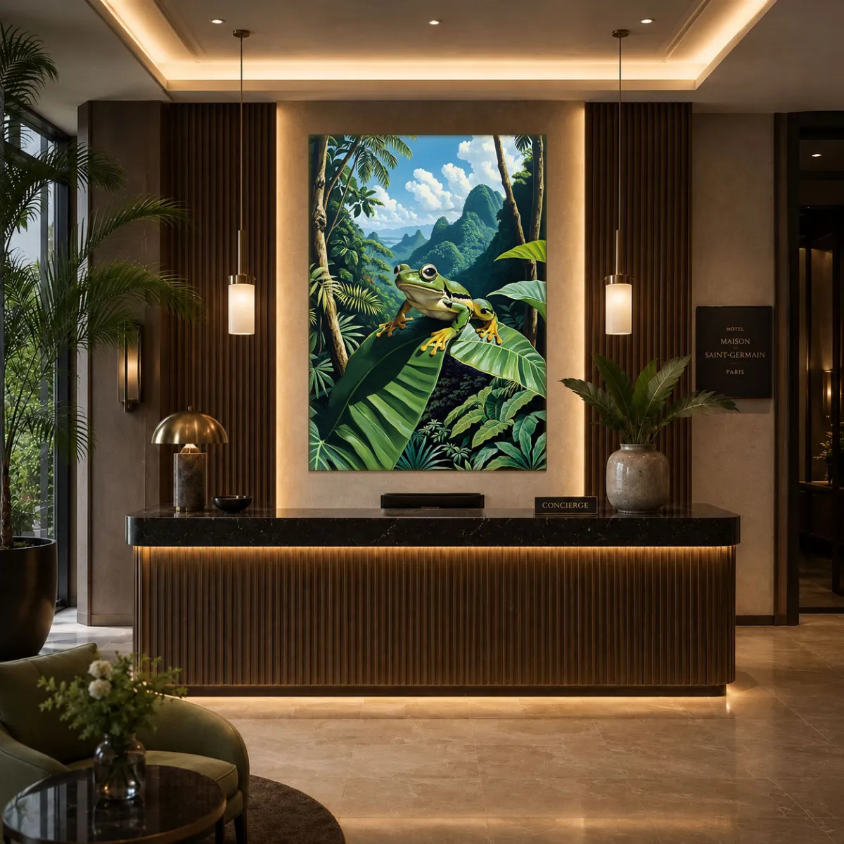 Wallace’s flying frog art print in a modern reception area