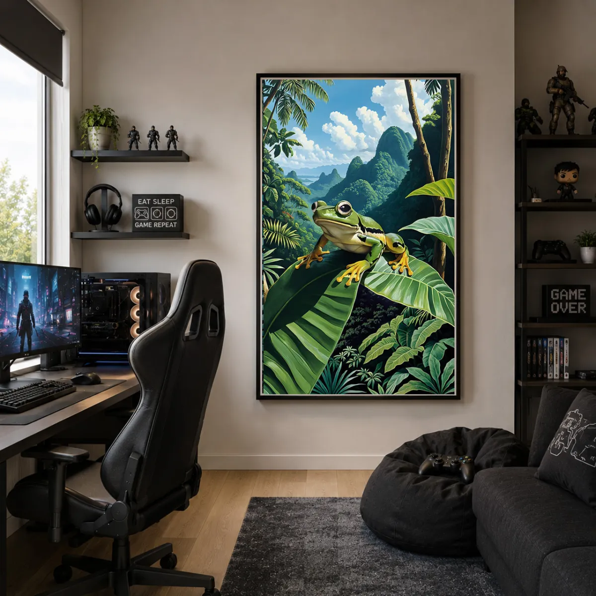 Wallace’s flying frog art print in a modern gaming room