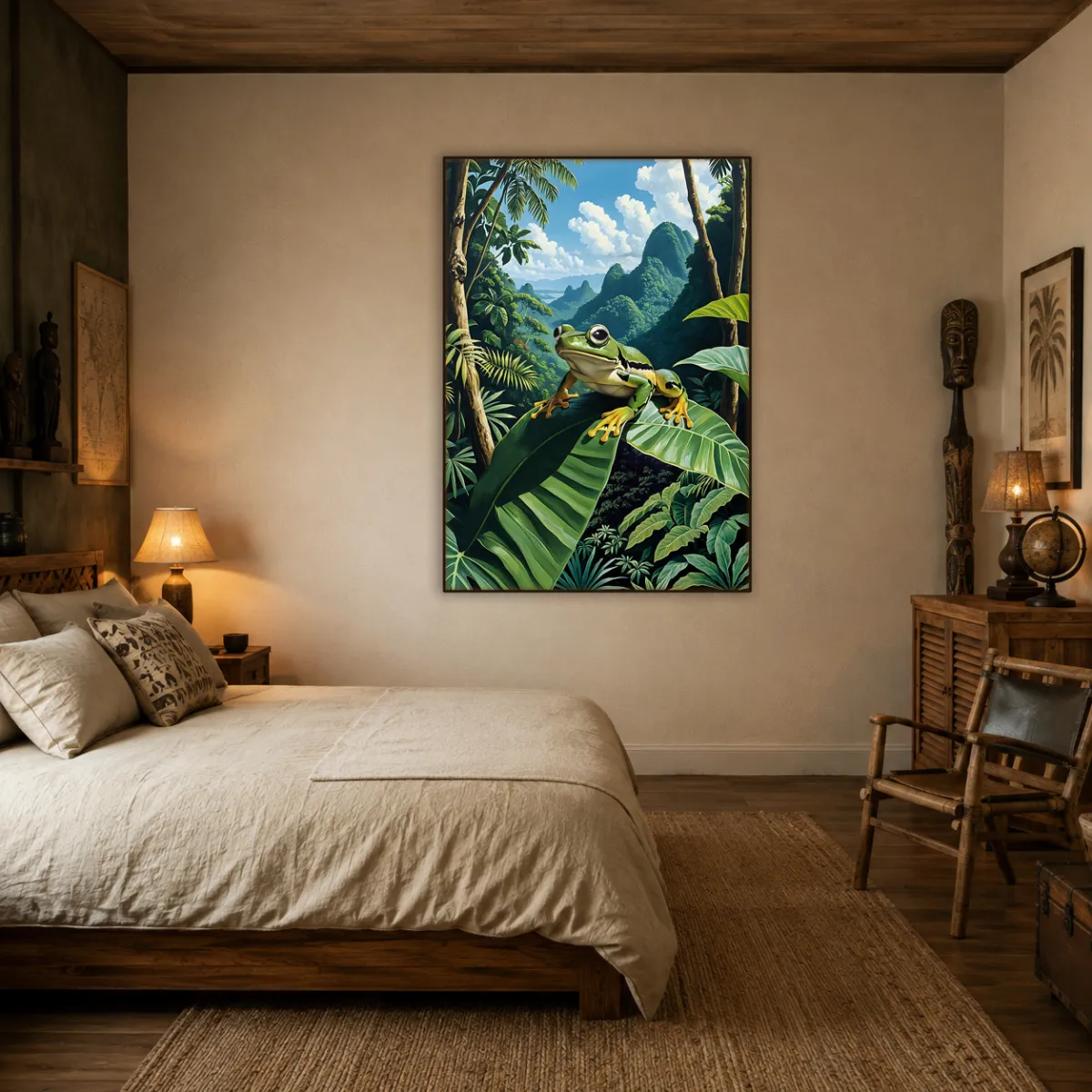 Wallace’s flying frog art print in a bright tropical bedroom