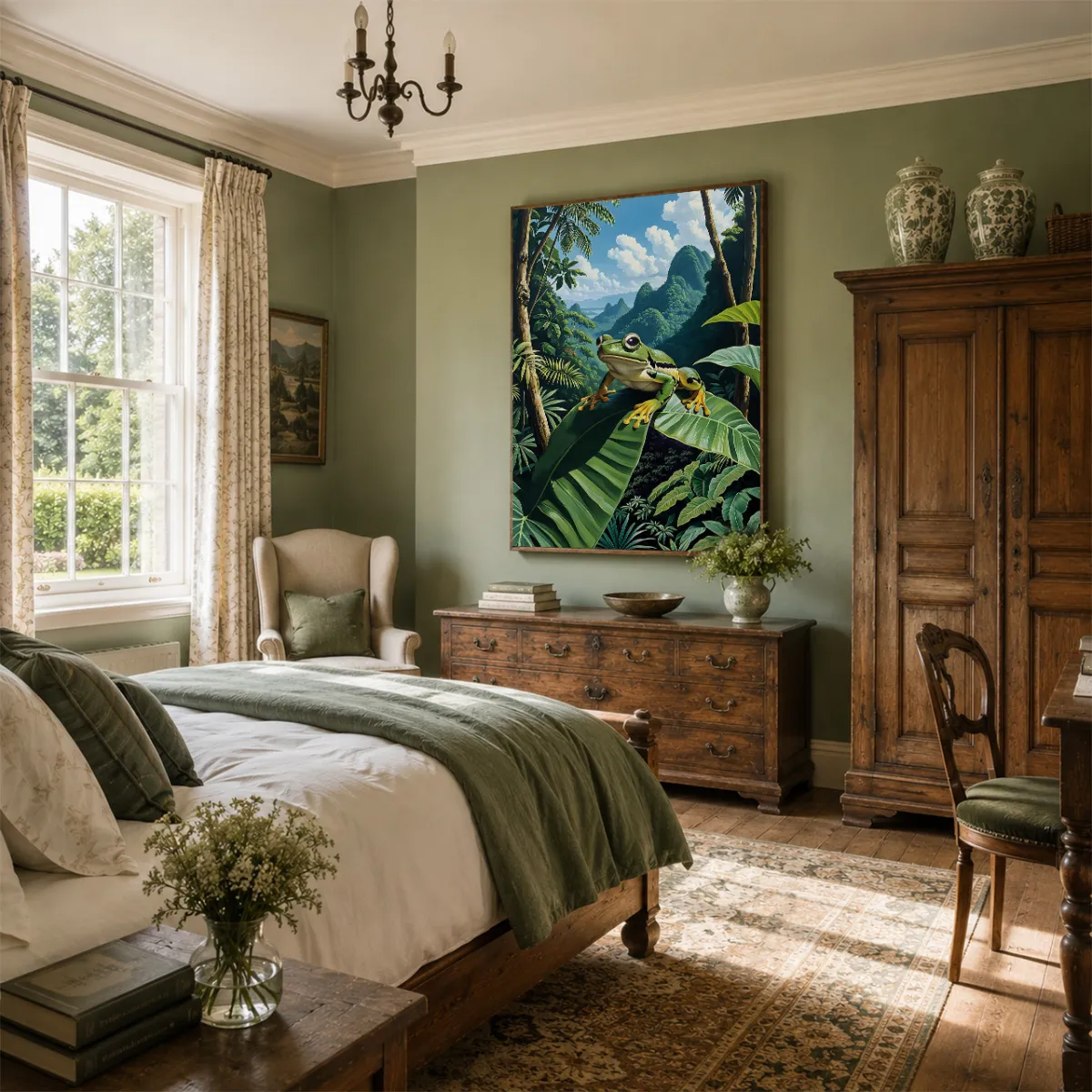 Tropical frog wall art above a bed in a warm rustic bedroom