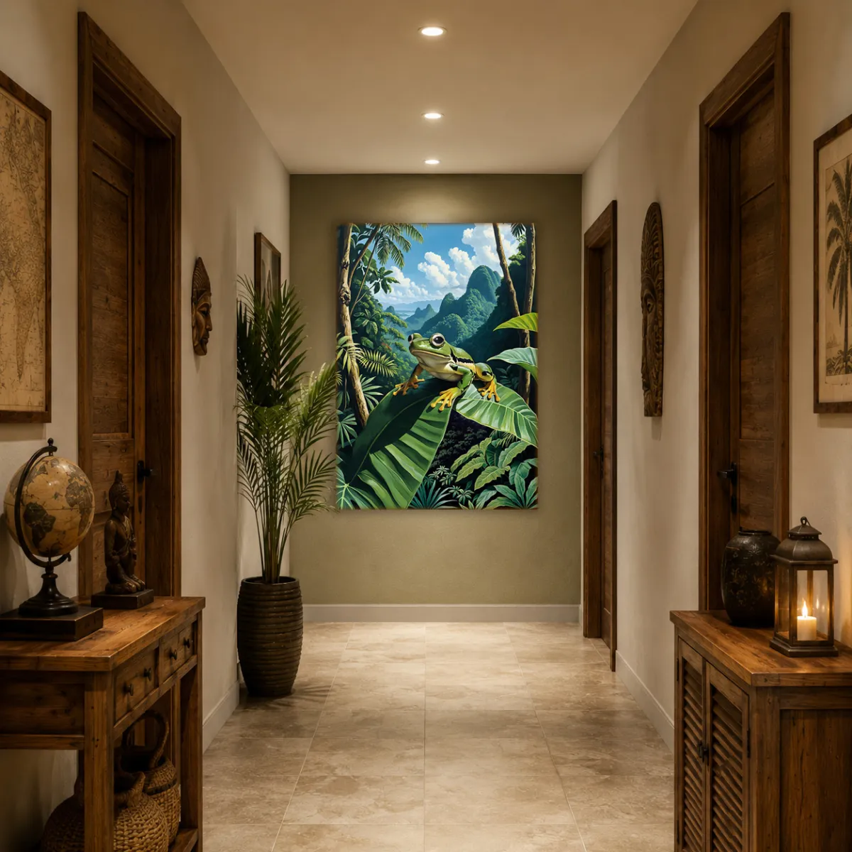 Tropical frog wall art above a bed in a cozy rustic bedroom