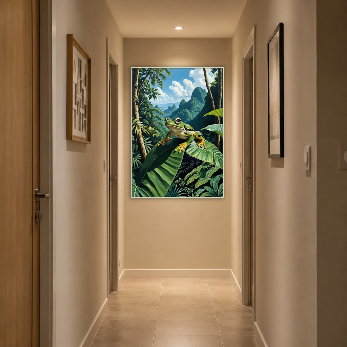Tropical frog wall art displayed at the end of a green hallway