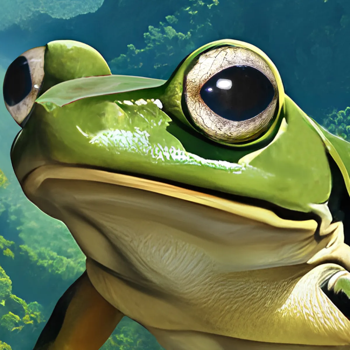 Close up of a green frog with large golden eyes in tropical foliage
