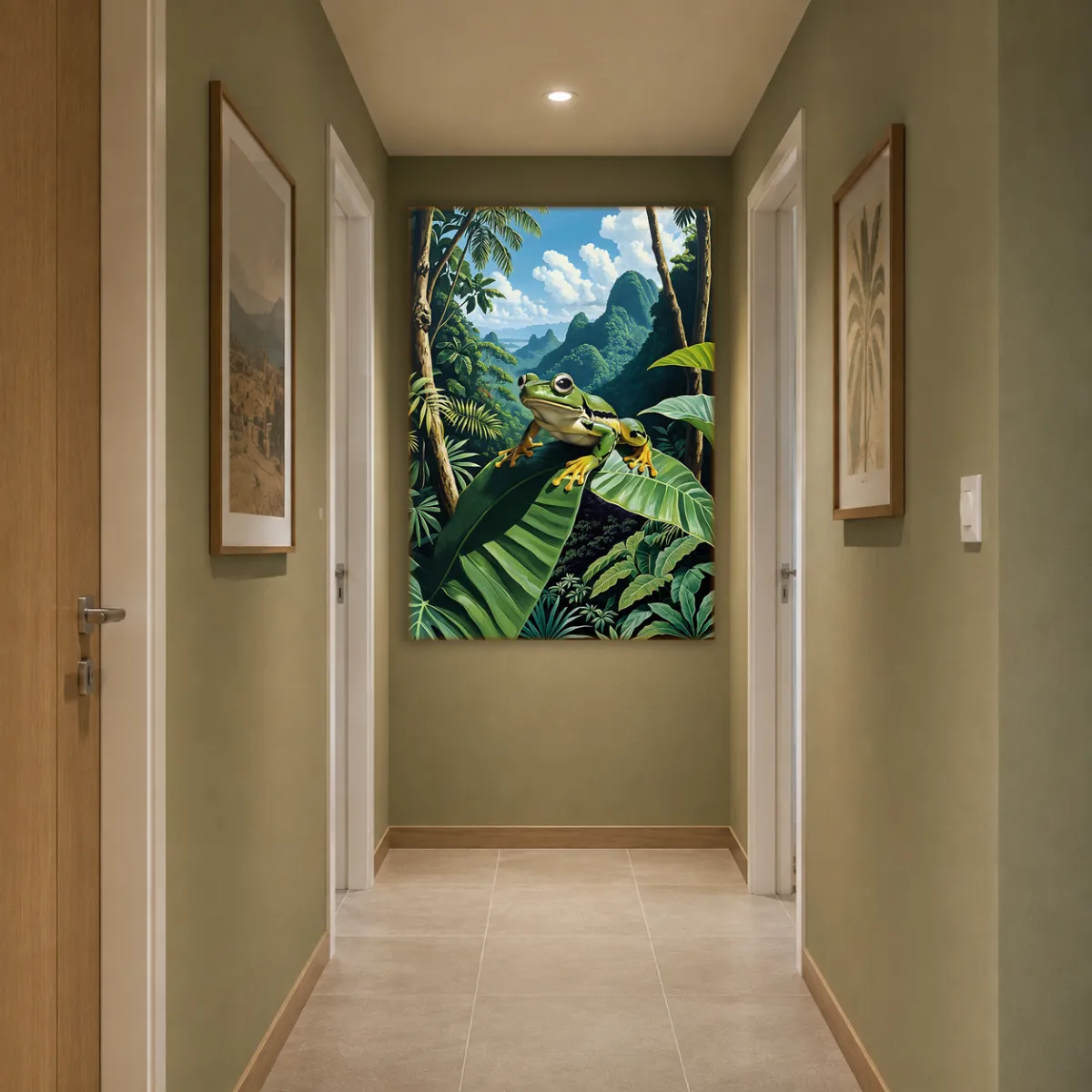 Green frog artwork with jungle scenery displayed in a hallway