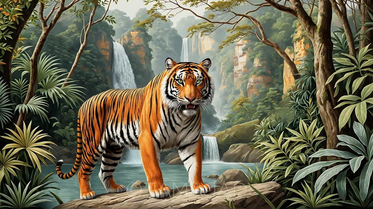 A powerful tiger surveying a lush multi-tiered waterfall landscape.