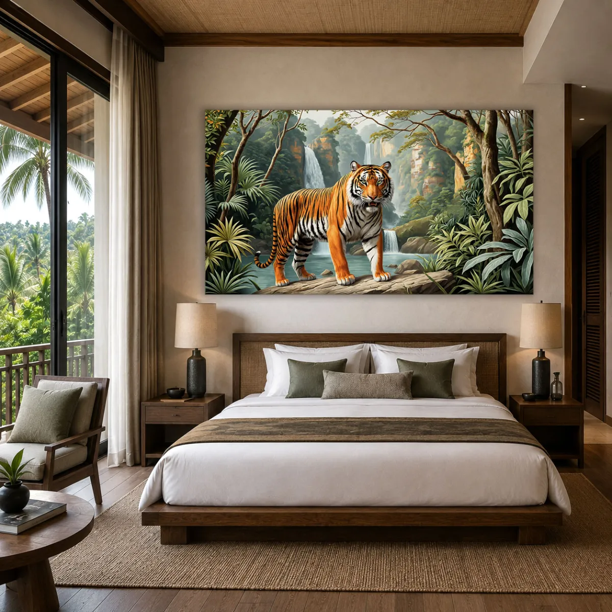 A tropical-modern bedroom with a view of palm trees and a large, framed tiger artwork.