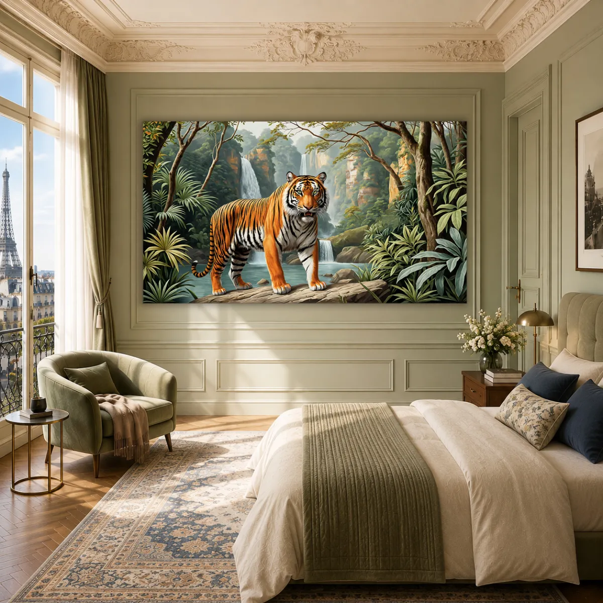 A serene bedroom with a beautiful ceiling design and a dominant tiger artwork