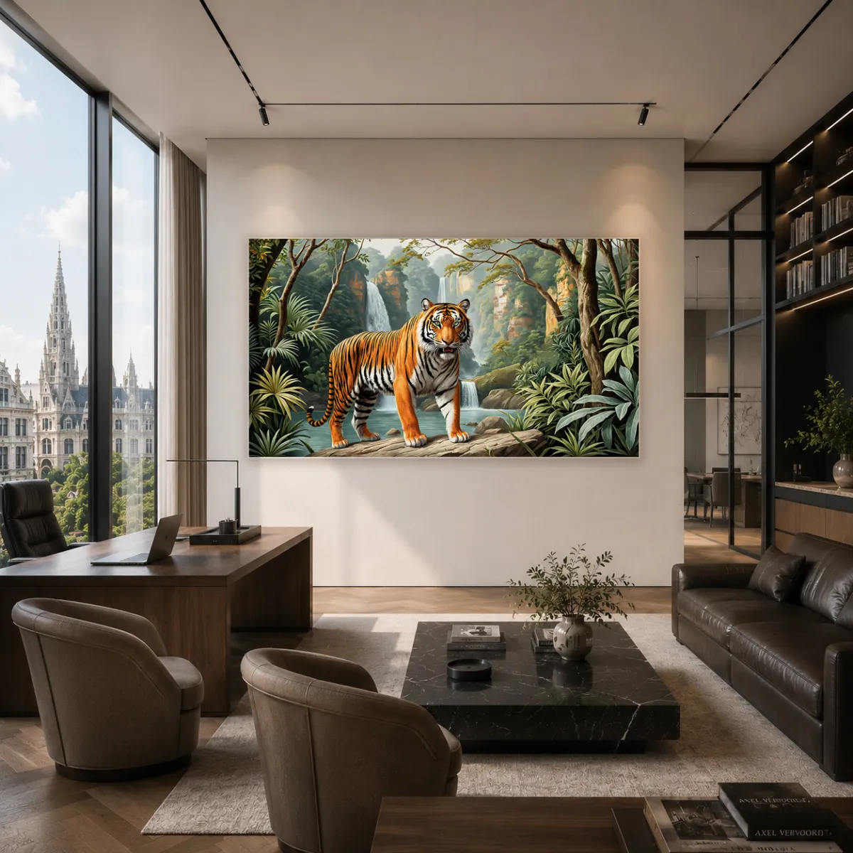 A sophisticated executive office with a dark wood desk and a powerful tiger art focal point.