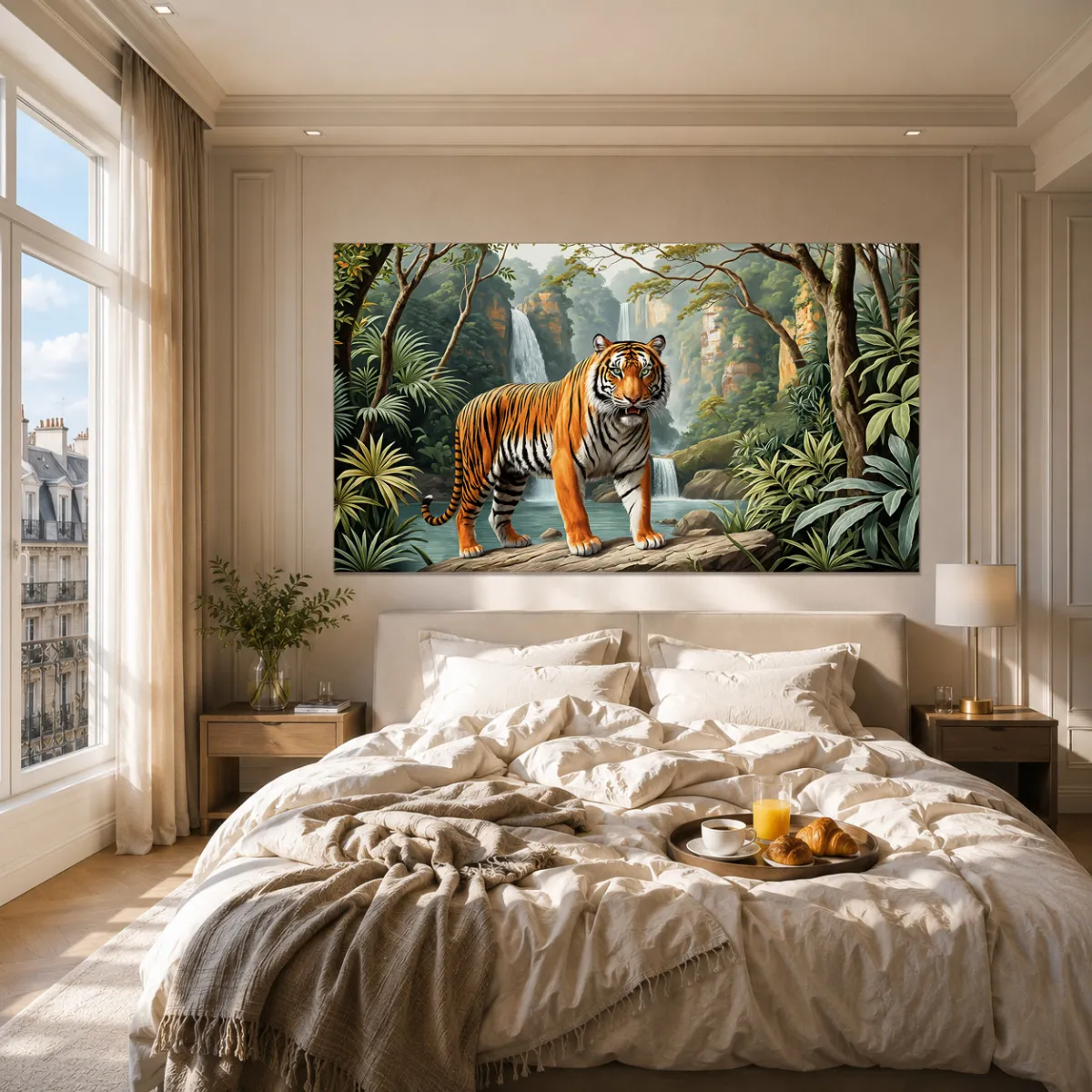 A peaceful bedroom with a tray of breakfast treats and a lush tiger landscape hanging above the bed.
