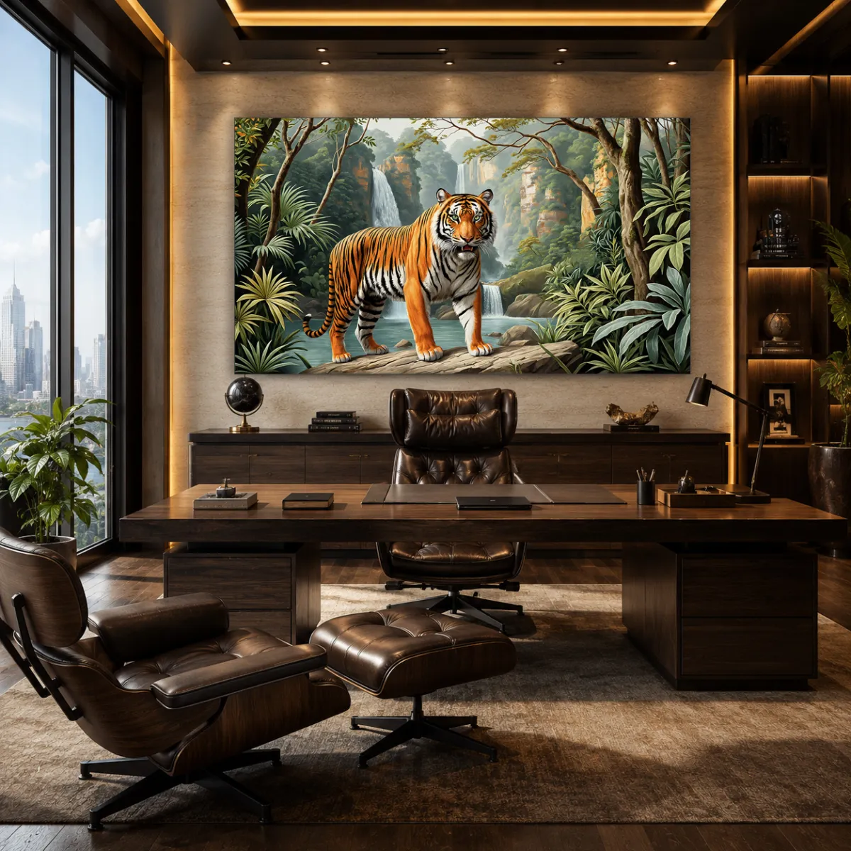 An expansive office space with leather chairs and a commanding tiger art installation