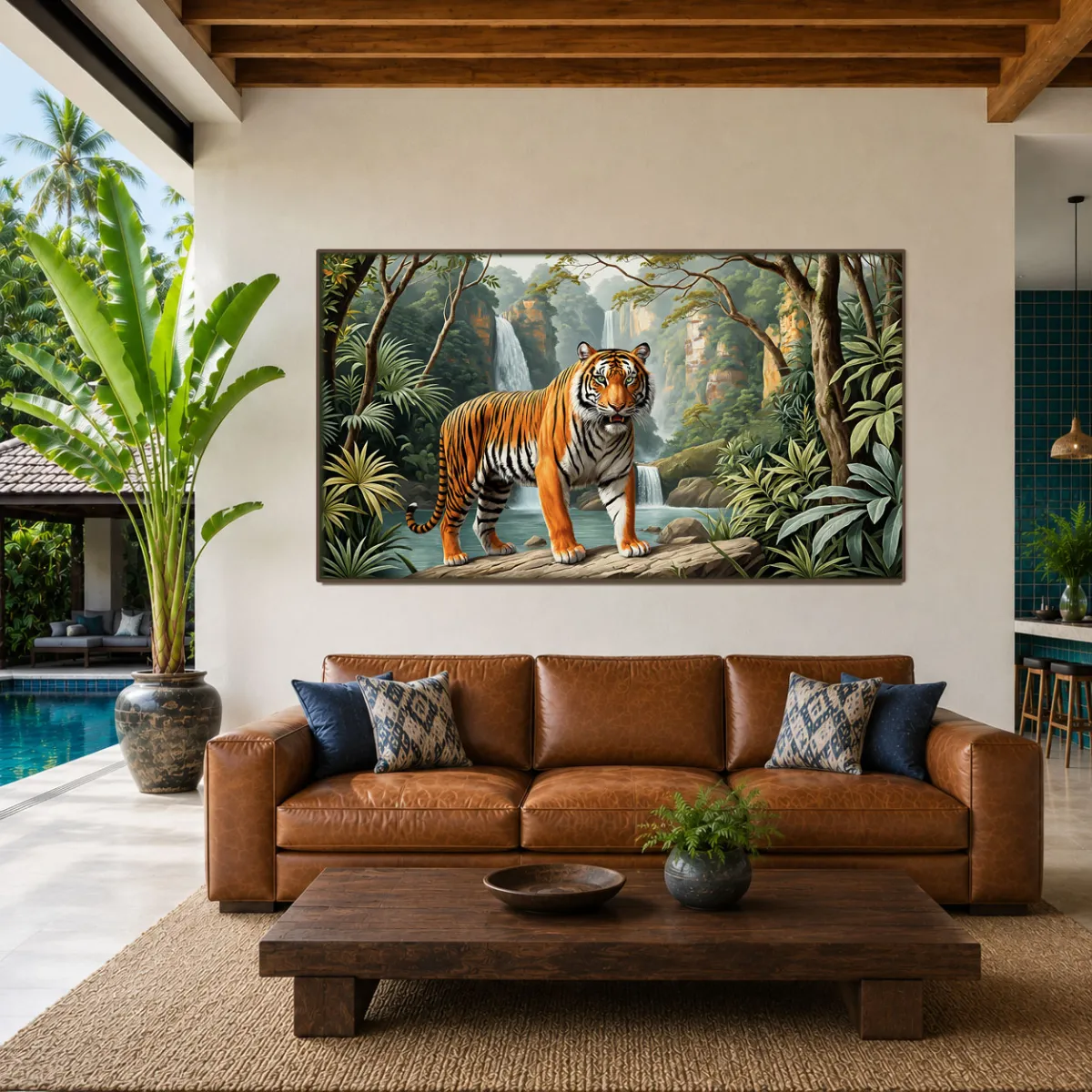 A warm, tropical-inspired lounge with a leather sofa and a large tiger art piece.