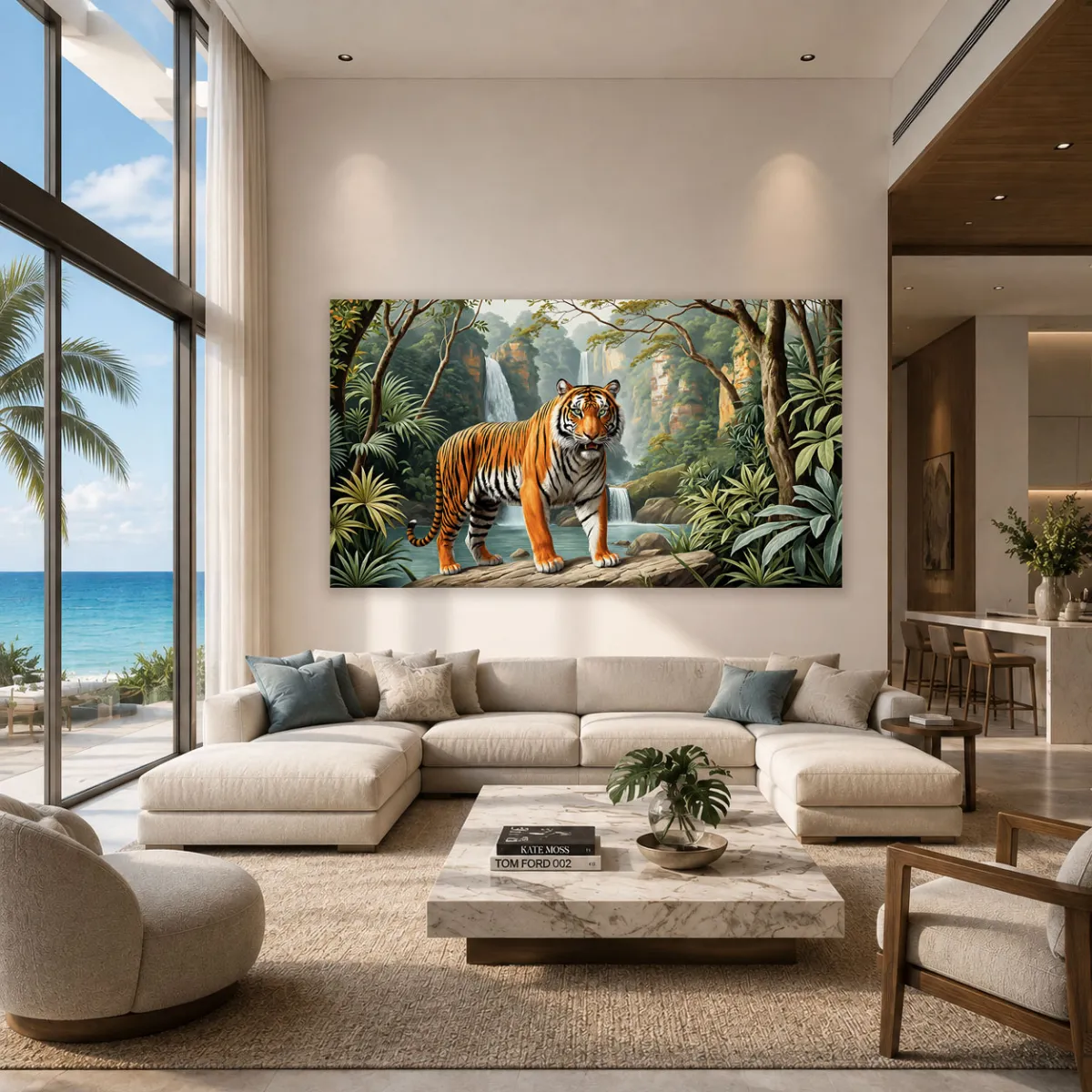 An elegant, sunlit living room with a striking panoramic print of a jungle tiger.