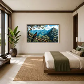 Luxury tropical bedroom featuring a panoramic mountain landscape artwork by TAMAJAD.
