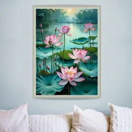 Elegant interior showcasing a lotus pond wall art print in a serene bedroom setting.