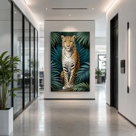 Contemporary hallway displaying a tropical leopard artwork in a refined architectural space.