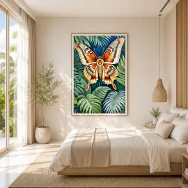 Sophisticated bedroom featuring a tropical butterfly fine art print by TAMAJAD.