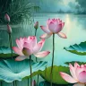 tropical lotus illustration in teal pond