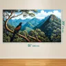 Exotic Greater Coucal bird artwork with lush mountain forest