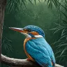 Tropical nature print with kingfisher in rainforest foliage