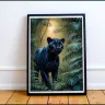 Exotic black panther walking in dark tropical forest