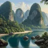 Tropical river winding through towering limestone karst formations and lush rainforest in Southeast Asia.