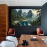 Tropical river landscape displayed in a modern executive office interior.