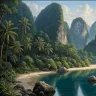 Untouched tropical river valley featuring limestone karsts, rainforest and tranquil waters