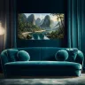     Panoramic tropical river artwork displayed in a modern living room interior.