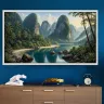 Serene tropical river surrounded by towering karst mountains and dense rainforest canopy