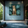 Square leopard artwork in tropical jungle.