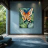 Large tropical Atlas moth artwork enhancing a modern luxury villa living room overlooking the ocean.