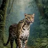 Clouded leopard walking through a lush tropical rainforest, premium XXL wildlife wall art for luxury interiors