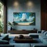Luxury coastal residence featuring panoramic Thailand landscape artwork above a contemporary sofa.