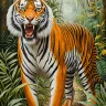 Roaring tiger in a lush tropical forest