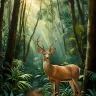 Fine art illustration of an Eld’s deer standing on a dirt trail in a sun-dappled Southeast Asian rainforest, with golden morning sunlight piercing through dense tropical foliage by TAMAJAD.