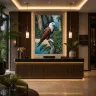 TAMAJAD wildlife print displayed above a sleek hotel reception desk in a warm, ambient interior.