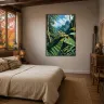 Tropical frog wall art displayed above a bed in a neutral bedroom
