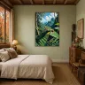 Tropical frog wall art above a dresser in a green traditional bedroom