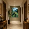 Tropical frog wall art above a bed in a cozy rustic bedroom