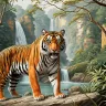 A powerful tiger surveying a lush multi-tiered waterfall landscape.