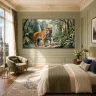 A serene bedroom with a beautiful ceiling design and a dominant tiger artwork