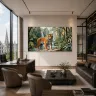 A sophisticated executive office with a dark wood desk and a powerful tiger art focal point.