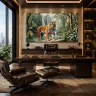 An expansive office space with leather chairs and a commanding tiger art installation
