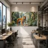 A contemporary co-working space overlooking a city, featuring a commanding tiger wall mural.