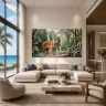 An elegant, sunlit living room with a striking panoramic print of a jungle tiger.